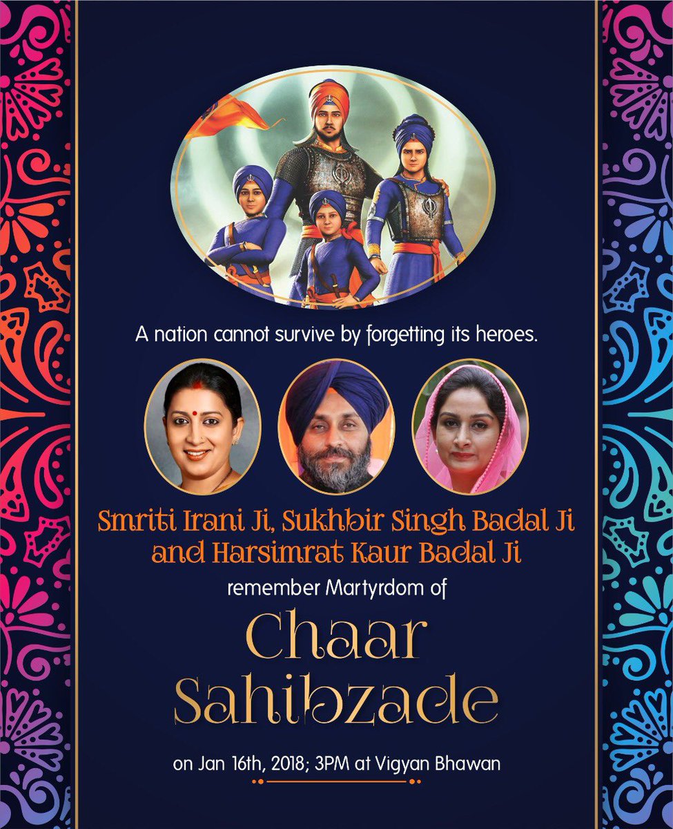 . @DSGMCofficial
is organising #NationalConclave on martyrdom of Chaar Sahibzaade to enlighten people abt the big sacrifice of little ones. Today at 3PM @mssirsa @HatindersinghR @ManjitGK @Satyendra7 @BabekMatta @rajbir2728 @officeofssbadal @SinghLions @HarsimratBadal_