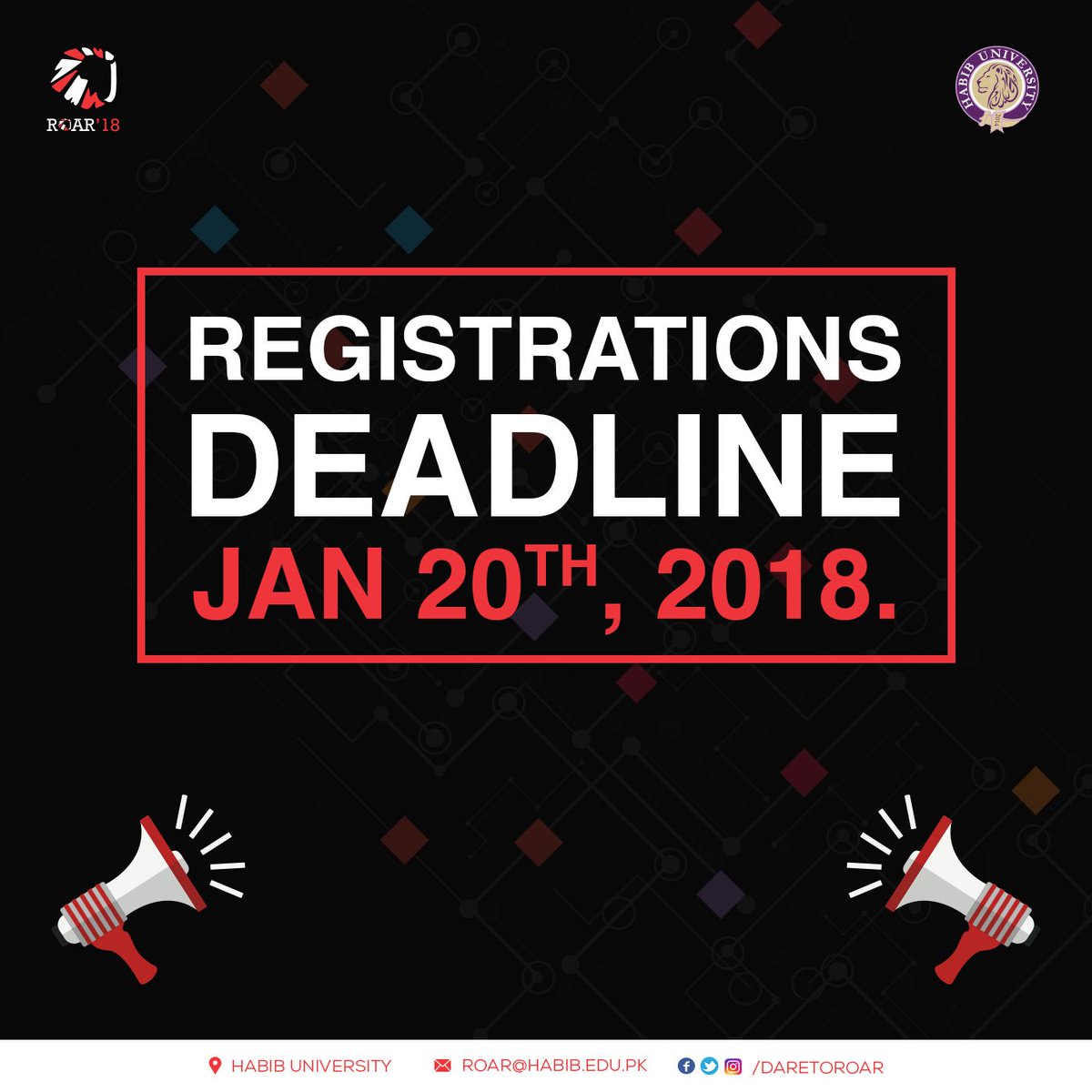 DareToRoar's tweet photo. Registrations are about to END. Register NOW to showcase your talent!!

Link: https://t.co/rHx7NLEkcu

PS: Make sure to make your payment asap to secure your spot. 
For queries email: roar@habib.edu.pk
#ROAR18 #HabibUniversity https://t.co/Hyr8UUUUyK