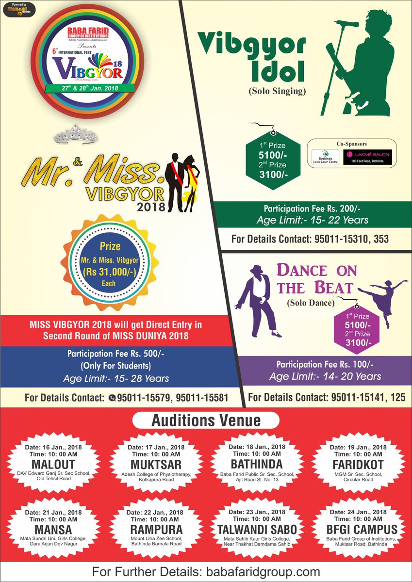 BabaFaridGroup's tweet photo. Audition Starts from Today for Mr. & Miss. VIBGYOR 2K18, VIBGYOR IDOL and Dance on the Beats.
#BFGI #bfgivibgyor #Diamond_Records #internationalfestival https://t.co/DwWqGezqor