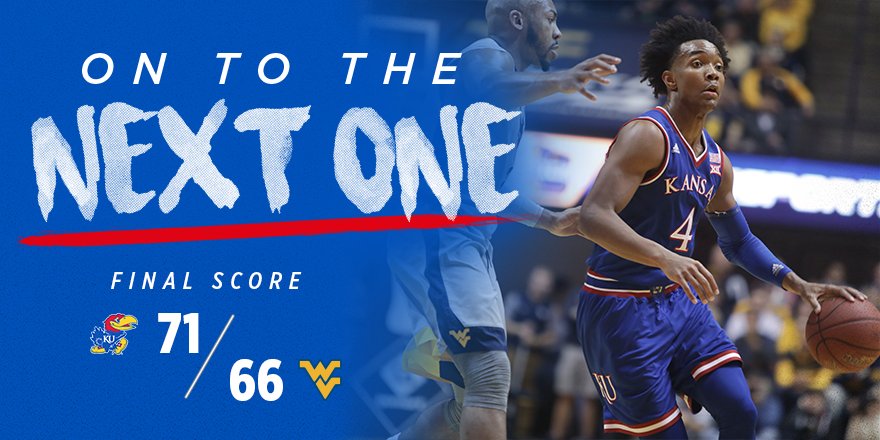 KUHoops's tweet photo. KANSAS WINS!! The Jayhawks stage their largest road-comeback in more than 20 years to take down No.6/7 West Virginia in Morgantown #KUbball https://t.co/6lNGWFiAoM