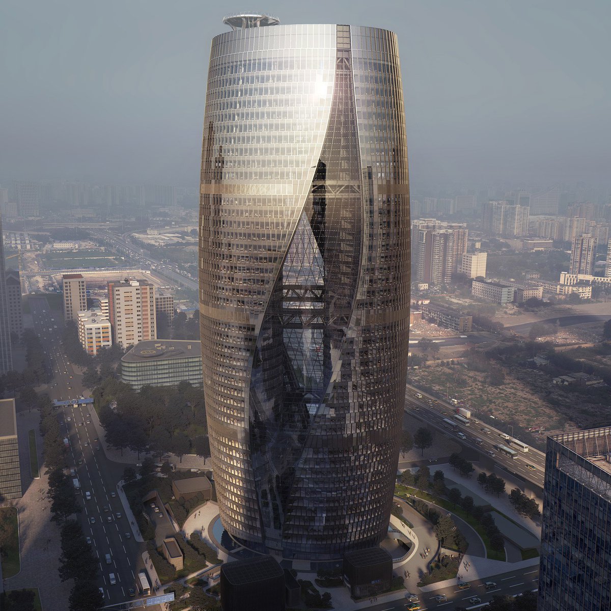 dezeen's tweet image. Zaha Hadid Architects' Beijing tower to feature world's largest atrium on.dezeen.com/dc0Hzm