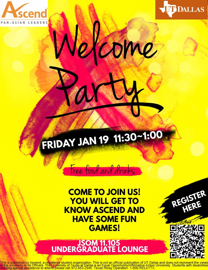 AscendUTD's tweet photo. Welcome to Ascend! What’s your next plan for this semester? How about joining Ascend and becoming an Ascender? Ascend-UTD Chapter will host the Welcome Party for all of you! Register here https://t.co/pIS9sybVpY https://t.co/ypPUpEKcK8