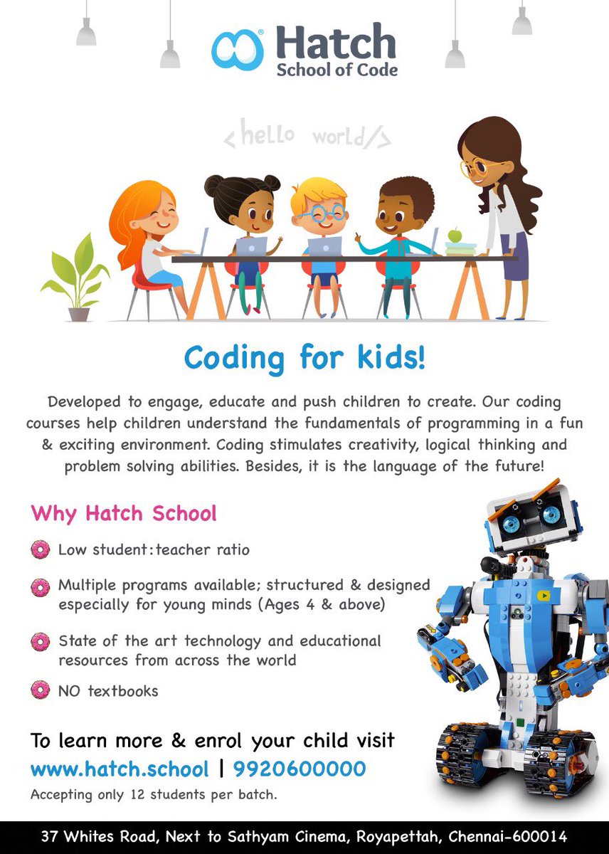 hatchsquad's tweet photo. @chennaiparents Logical thinking, empowering &amp; expanding your child's mind are just a few of the benefits of code! The first Indian Code School for kids, classes start Feb 5th. To register and learn more visit - https://t.co/YD3Nk4ESo6    #chennai #code #kidscode #edtech #hsc https://t.co/qJMdYtg2dj