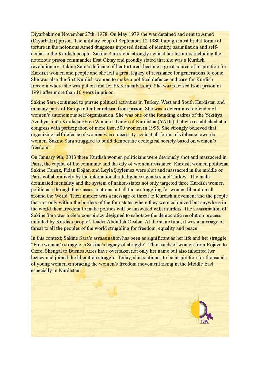 contributions of biographies with us. 

We invite all women organizations, institutions and individuals all around the World to join us in declaring January 9th as an international ‘Day for Common Action against Political Murders of Women’.

In solidarity.
