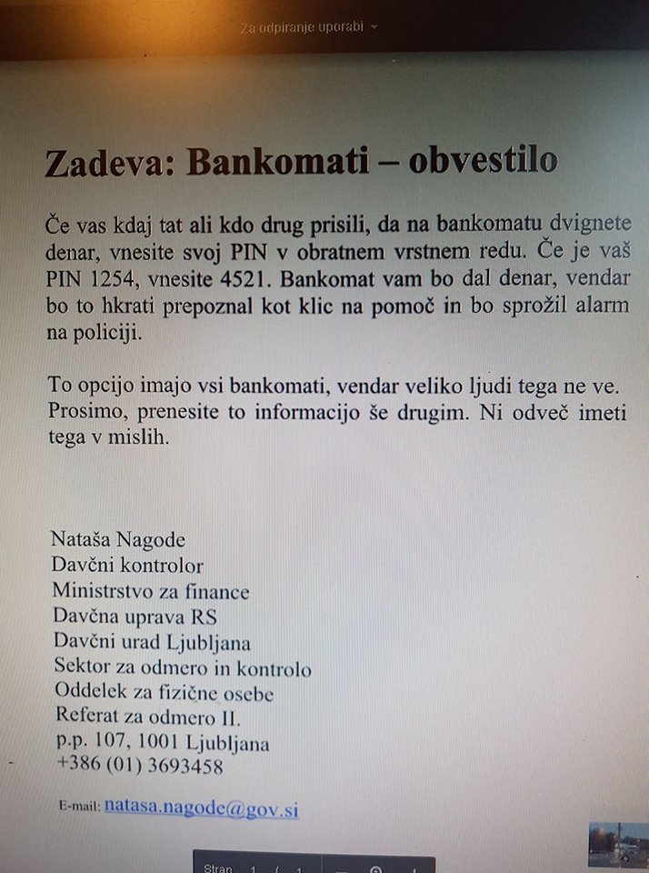 FinancnaUPR's tweet image. OPOZORILO PREVARE: to ni sporočilo FURS, saj nimamo pooblastil nad bankomati. Podatki naše uslužbenke so bili očitno zlorabljeni. Še to: Davčne uprave RS od avgusta 2014 ni več. Od takrat imamo Finančno upravo RS. #FURS