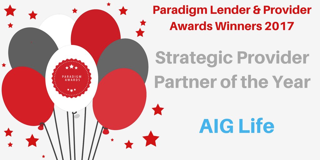 Our #winner of Strategic Provider Partner of the Year goes to AIG Life @AIGLifeUK who have continually supported #Paradigm &amp; our members and have stood out for their innovative thinking in 2017 paradigmmortgages.com/DA/winners.php #Paradigm