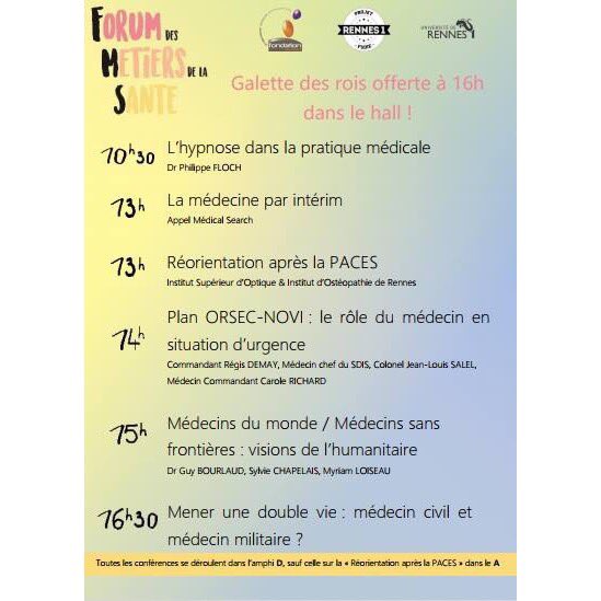 Aujourd'hui se déroule dans le hall et l'amphi B de la fac le Forum des Métiers de la Santé, venez nombreux ! Café, gâteaux, galettes des rois et de nombreux lots sont au rendez-vous 😉