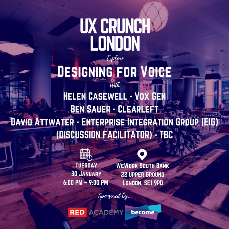Great news, <a href="/BecomeUK/">Become UK</a> is delighted to be sponsoring the next <a href="/theuxcrunch/">UX Crunch by Tech Circus</a> - 'Designing for Voice’ tackling how to create innovative user experiences for audio channels!!! #VoiceUX #UXCrunch #BecomeUK”