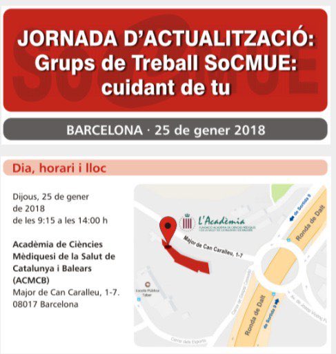 El proper 25 de gener Jornada d'Actualització dels Grups de Treball de <a href="/SoCMUE/">SoCMUE</a> 

Cuidant de tu!

socmue.cat/detall_activit…
#socipue 
#socmue #soctes #socmuevmni #GeriUrg #Socmuebioetica #socmuediabetis #Socmuetox