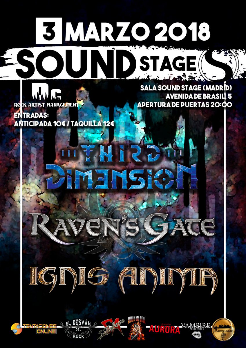 #Madrid ¿preparado para el #PowerMetal? 

❌ A P U N T A ❌
🔹 @IgnisAnimaBand | <a href="/RavensGateBand/">Raven's Gate</a> | #ThirdDim3nsion
🔹 3 de MARZO
🔹 Sala #SoundStage 🚇Santiago Benabeu (L10)
🔹 Apertura de puertas: 20:00h
🔹 Tickets: 10 anticipada | 12 taquilla | Gratis para menores de 18