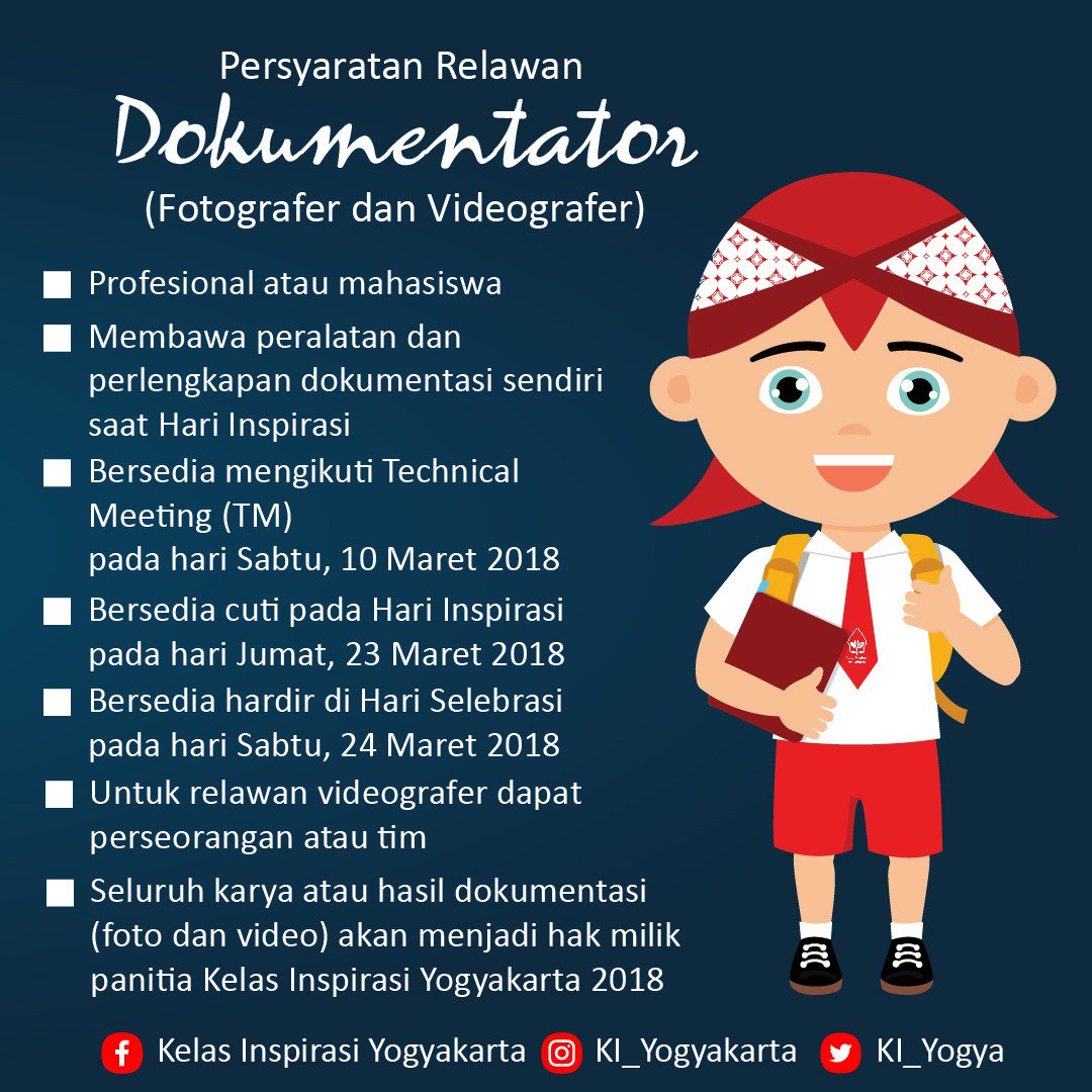 Cuti sehari, selamanya menginspirasi!

Jadilah Relawan Dokumentator Kelas Inspirasi Yogyakarta #6, abadikan momen dan kegiatan yang penuh inspirasi!

Yuk daftar yuk, Kak
bit.ly/DokumentatorKI… 

#RaDolanLur 
#KelasInspirasi 
#KelasInspirasiYogyakarta 
#Yogyakarta