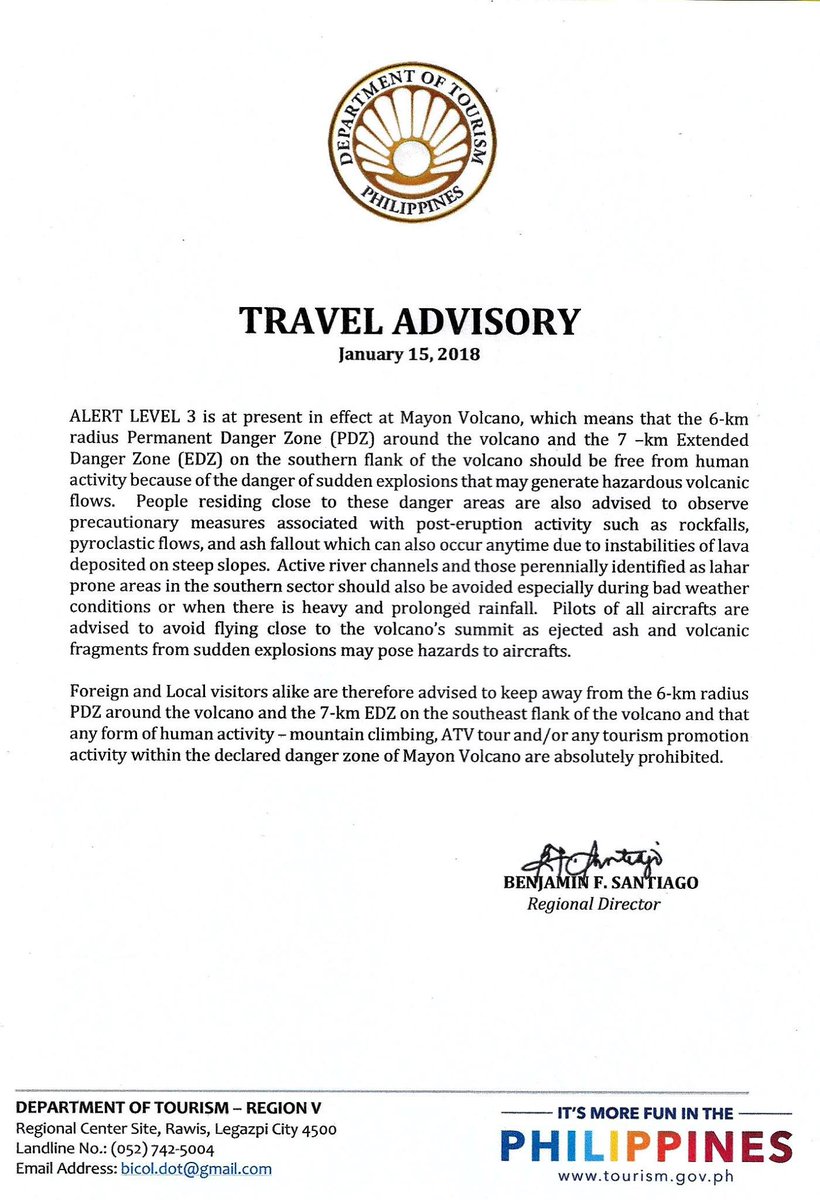 TourismPHL's tweet photo. MAYON VOLCANO UPDATE: Travel Advisory from DOT Regional Office V https://t.co/WuGcJ6iZ41