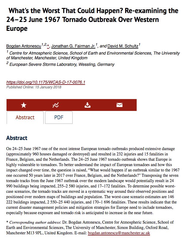 bogdanantonescu's tweet image. On 24-25 Jun 1967, a tornado outbreak produced damages/injuries/fatalities in France, Belgium, and the Netherlands. In this article, we are asking “What would happen if an outbreak similar to the 1967 one occurred 50 years later over the same region?” goo.gl/zTFpWi