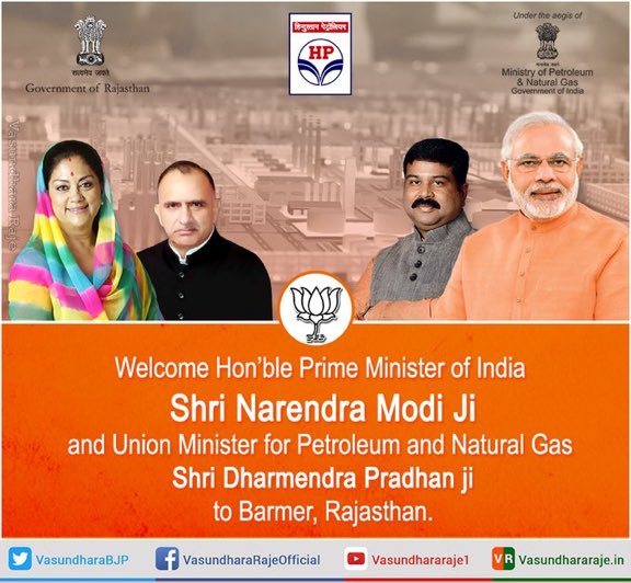 bjpudr's tweet photo. Welcome Hon’ble PM Shri @narendramodi ji and Union Minister for Petroleum &amp; Natural Gas Shri @dpradhanbjp ji to #Barmer on this historic day as we usher in a new era of prosperity in #Rajasthan with the Commencement of Work at #BarmerRefinery. #PMInRajasthan #RisingRajasthan https://t.co/q6aiX3ioZL