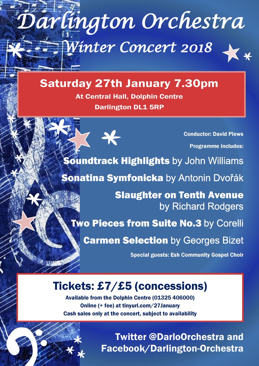 Darlington For Culture (@darloforculture) on Twitter photo The <a href="/DarloOrchestra/">Darlington Orchestra</a> Winter Concert: 27th Jan 7.30pm Dolphin Centre
Programme includes Corelli, DvoÅĆ”k, Bizet, Richard Rodgers, and John Williams, plus Esh Community Gospel Choir
Tickets £7/£5 from venue or tinyurl.com/27January (+fee)
More info darlingtonforculture.org/darlington-orc⦠The <a href="/DarloOrchestra/">Darlington Orchestra</a> Winter Concert: 27th Jan 7.30pm Dolphin Centre
Programme includes Corelli, DvoÅĆ”k, Bizet, Richard Rodgers, and John Williams, plus Esh Community Gospel Choir
Tickets £7/£5 from venue or tinyurl.com/27January (+fee)
More info darlingtonforculture.org/darlington-orcā¦