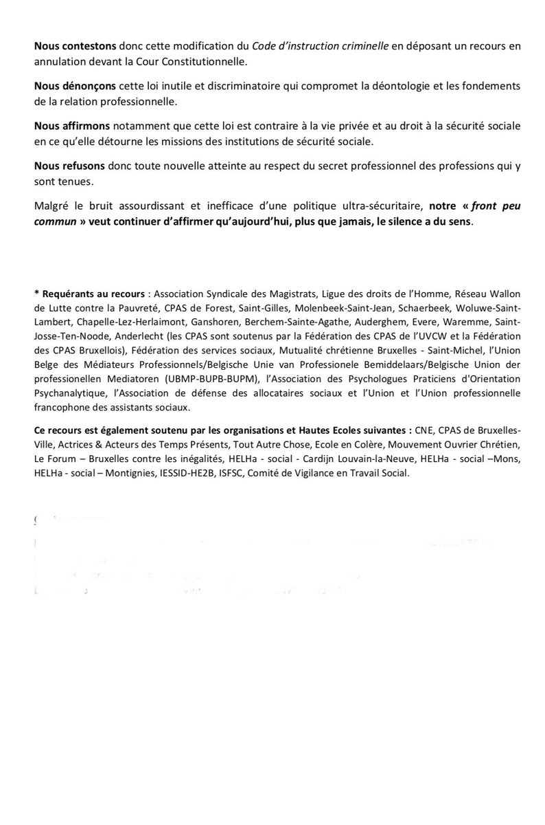Un recours constitutionnel pour défendre le Secret professionnel ! Un collectif de CPAS et d’associations ensembles pour défendre un principe essentiel . Le combat continue !