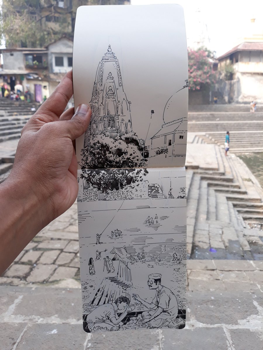 girishmalap's tweet photo. Sunday Sketchwalk (14.01.2018)
 @ Baanganga Tank, Walkeshwar
 'Makar Sankrant'
 #Sketching #Sketchbook #Sunday #Baanganga #Walkeshwar #UrbanSketchers #UrbanSketching #USKMumbai #Architecture #Moleskine #penAndInk #PentelBrushPen #Travel #Mumbai https://t.co/bNZOYSwMgO