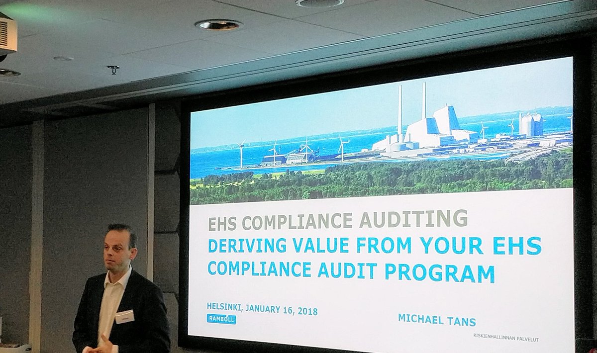 Kronlof's tweet photo. Michael Tans, Principal - health and safety consulting, telling a story about an #EHS #compliance audit that found over 100 non-conformances. Cost to fix them was ca 8m$ 😲

#healthandsafety @ramboll @ramboll_fi https://t.co/OtClqNKxcr