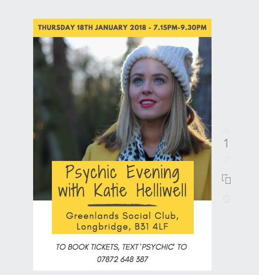 helliwell_katie's tweet photo. If you're local please pop along and say hi..if not there is an option to view online ❤ #psychicmedium #birmingham #liveaudience https://t.co/9AEqEW9fkk