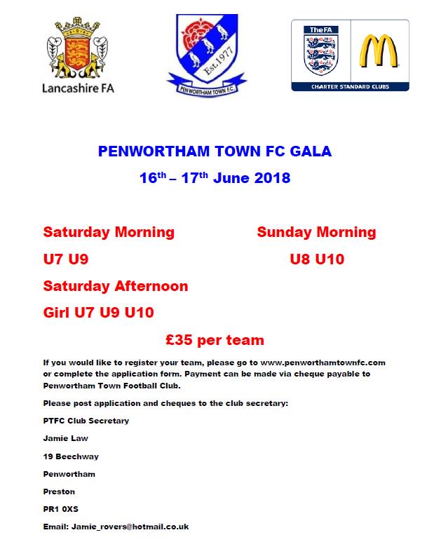 Penwortham Town FC are glad to announce that our annual gala will be taking place over the weekend of the 16th-17th June 2018.
Please can all applicants email the secretary to be supplied with the application form.
#penworthamtowngala
<a href="/PenworthamTLFC/">Penwortham Town Ladies</a> @PTFCgirls