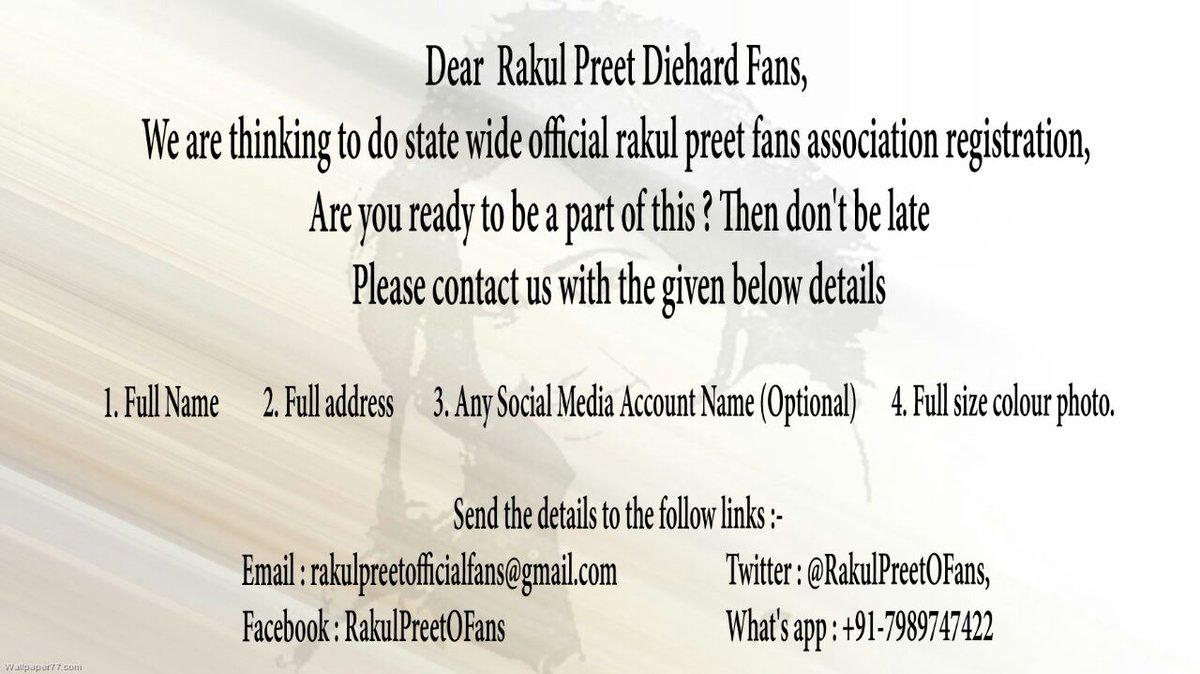 RakulPreetOFans's tweet photo. Guys...We are thinking to open Rakul Helping Hands Trust..So before this we will do registration for you as Official Rakul Preet Fans...Interested one's can share your full details to below image links....Thank You !! https://t.co/qiTfsfLg33
