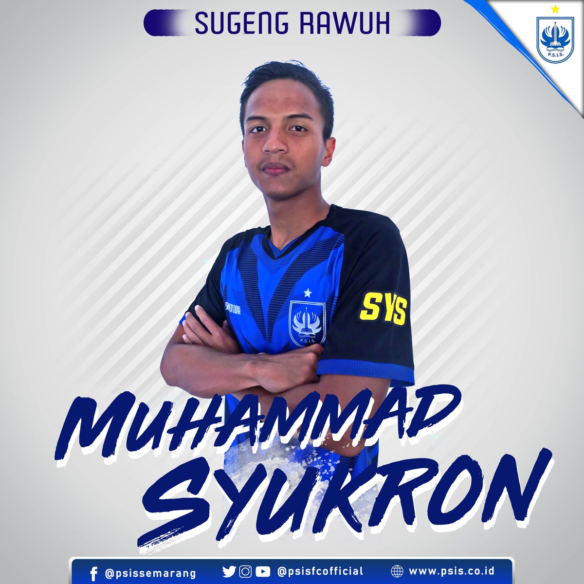 Sugeng Rawuh Muhammad Syukron 🔵

TTL: Tangerang, 24 Februari 1997
Posisi: Stopper
Tinggi Badan: 180cm
Berat Badan: 75kg

Karir Club:
2015 PON DKI
2015 Timnas U-19
2016 Persikad Depok
2016 Cilegon United

#PSIS