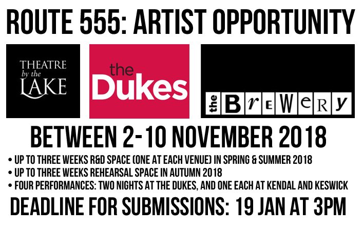 tbtlake's tweet photo. REMINDER! Deadline for submissions to the Route 555 Project is 3pm this Friday 19th January - in collaboration with @TheDukesTheatre and @BACKendal - read more here for details about how to apply. Better get your skates on ;) #Route555 #Artists https://t.co/sWcU7t2qNW https://t.co/BkQedUhW7a