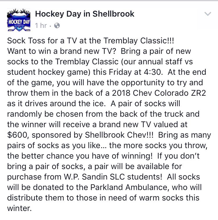 Friday nite kicks off 2018 Hockey Day, Sponsored by Shellbrook Chev, play sock toss @ Tremblay classic or win Chev at @tipsshellbrook game!
