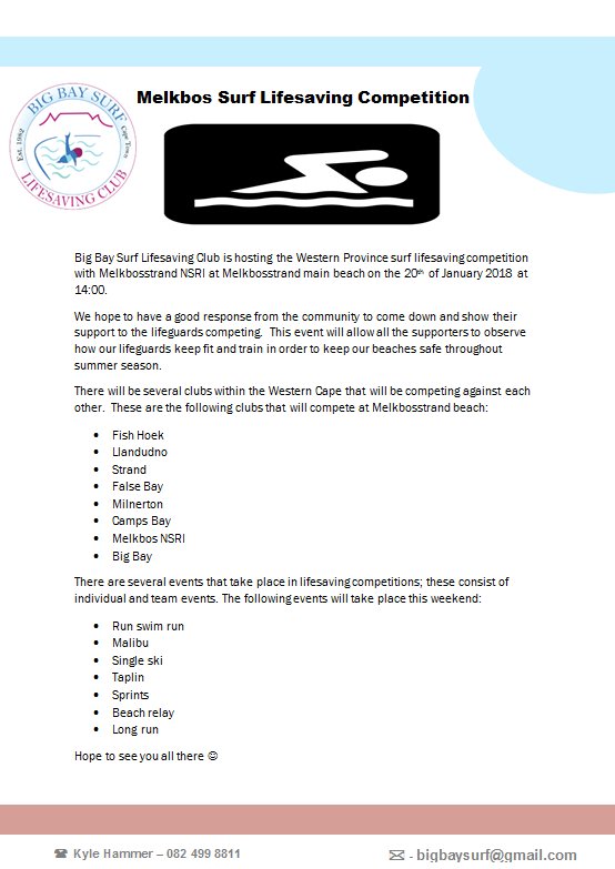 BigBaySurf's tweet photo. Come support all lifeguards competing in this weekends lifesaving competion.
Your support will be appreciated 

For further information: bigbaysurf@gmail.com https://t.co/hXLBghx04B