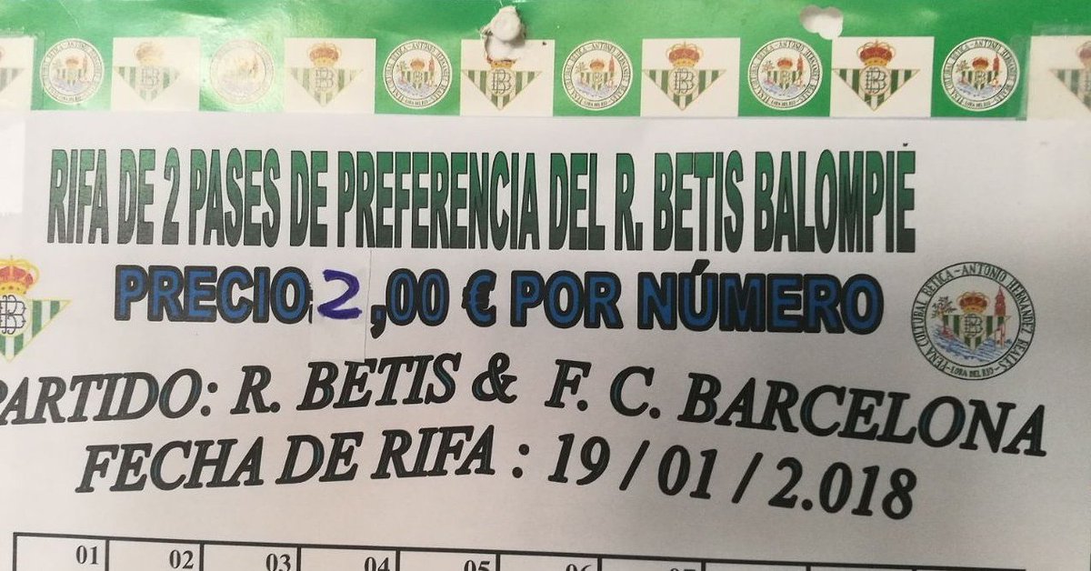 Te ofrecemos la posibilidad de que puedas asistir al <a href="/RealBetis/">Real Betis Balompié 🌴💚</a> &amp; <a href="/FCBarcelona_es/">FC Barcelona</a> por tan sólo 2€/número. 

Participa en nuestra rifa, el premio es 2 pases para la zona de " PREFERENCIA ".
