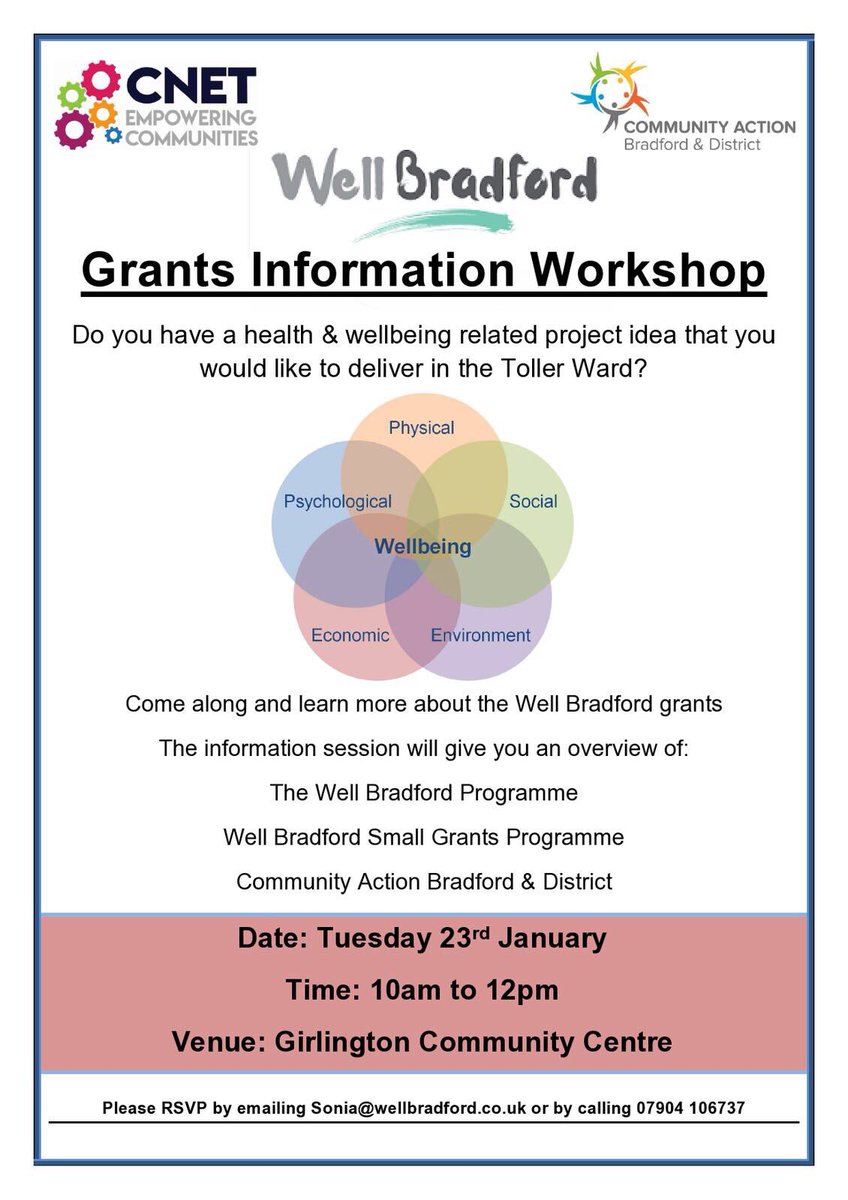 <a href="/WellBradford/">Well Bradford</a> Grants Programme information workshop, come along to find out more! #Grants #WellBradford #WellGirlington @CNet_Bradford