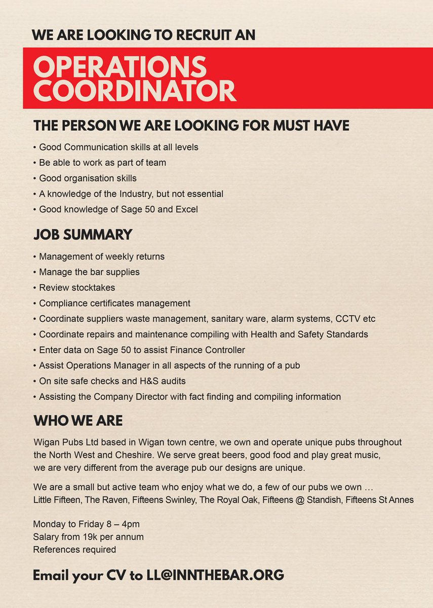 15sofSwinley's tweet image. * * JOB OPPORTUNITY * *

Wigan Pubs Ltd are looking to recruit an Operations Coordinator.

If you are interested in this position, please email your CV to ll@innthebar.org