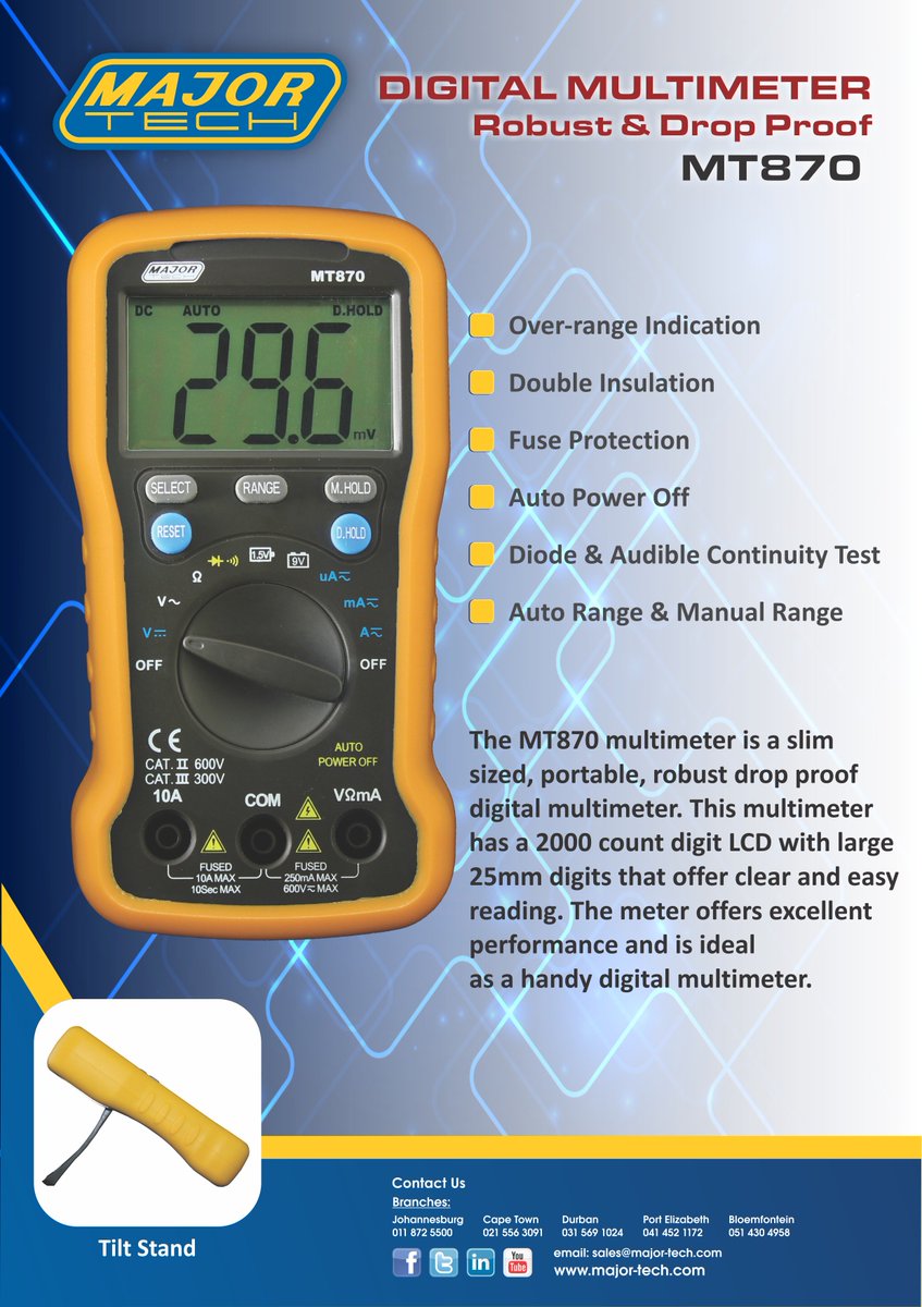 MajorTechZA's tweet image. MT870, Robust &amp;amp; Drop Proof #DigitalMultimeter For general purpose electrical &amp;amp; electronic test requirements, the #Multimeter provides the perfect answer. #majortech #digitalmultimeter #electrican #electricalcontractors