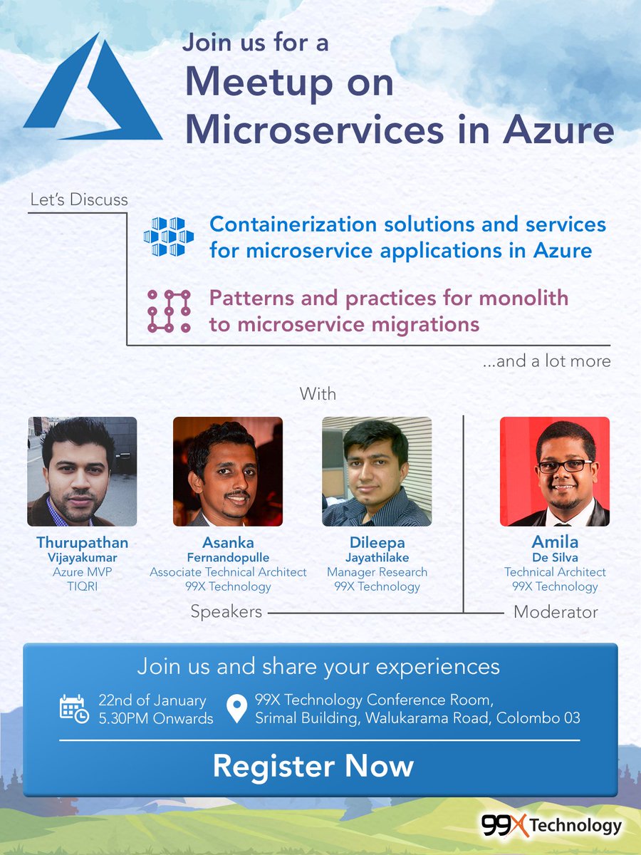 99x_io's tweet photo. Registrations for the #Microservices in #Azure Meetup are open until 18 Jan, sign up now! https://t.co/NBGJGqYcLM https://t.co/5EGiqdma6M