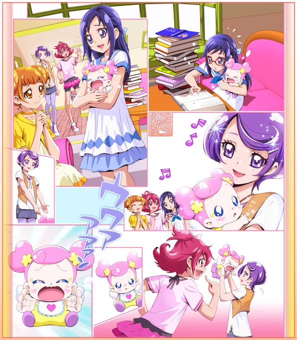 プリキュアでは不思議な赤ちゃんをお世話する設定が度々盛り込まれますね?「ドキドキプリキュア!ウルトラまるごとブック!」(講談社Mook)描き下ろし4Pカラー漫画の抜粋です。泣き止まないアイちゃんをみんなであやすのですが、最後で登場したキュアエースに抱かれたら泣き止んだ…いうオチでした? 