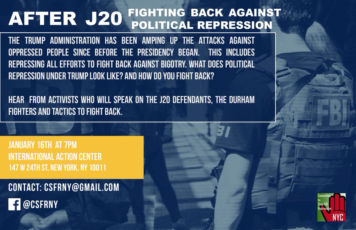 MangsAlt's tweet image. TODAY: 
#NewYork #NY
#PoliticalRepression
#J20 #J20Resist #J20Defendants #J20Trials
#CSFR #Activism #Organizing
#Durham #DefendDurham #DoItLikeDurham
FB Event: bit.ly/2rdQoIH