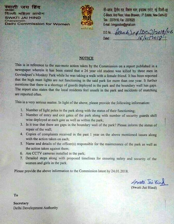 AAPInNews's tweet image. DCW chief @SwatiJaiHind  issued a notice to DDA Secretary in the matter of murder of a 24 year old student at #MonkeyPark #Govindpuri.