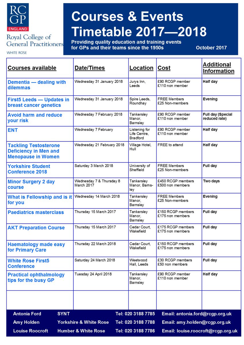 <a href="/NHSLeedsWest/">NHS Leeds West CCG</a> @nhsleeds @HEE_YHumber <a href="/purmj/">Mark Purvis</a> @kirstybaldwin3 <a href="/johnwalsh88/">✨ John Walsh✨</a> A full list of 2018 RCGP courses for the White Rose region is now available. Please share with colleagues