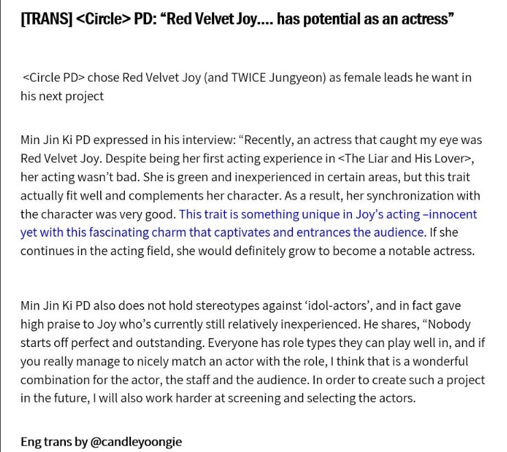 16. "Circle" PD chose Red Velvet's Joy as a female lead he wants in his project."Joy's acting is innocent yet w/ a fascinating charm that captivates audience"