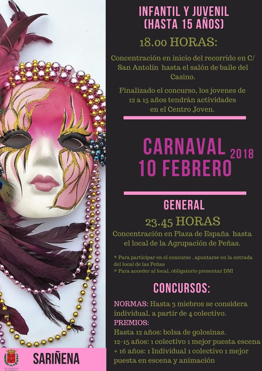 10 febrero celebraremos 🎭CARNAVAL🎶:
23:45h Concentración en la plaza de Ayuntamiento
01:30h Concurso de disfraces

⚠ATENCIÓN!!!!! 

➡ Será OBLIGATORIO para TODOS presentar el DNI en la entrada al local

➡Los menores de 16 años deberán ir acompañados