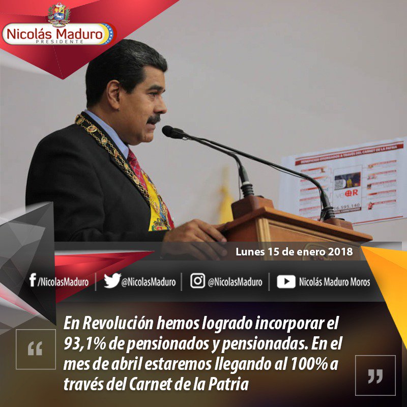 CircuitoExito's tweet photo. En Revolución Bolivariana, con la Misión en Amor Mayor y el Carnet de la Patria, en el año 2017 batallamos contra la Guerra Económica y llegamos al 93,1% de pensionados, para abril de este 2018 llegaremos al 100%. ¡Que Viva la Patria, que vivan nuestros adultos mayores! https://t.co/wFhqhGgGJ5
