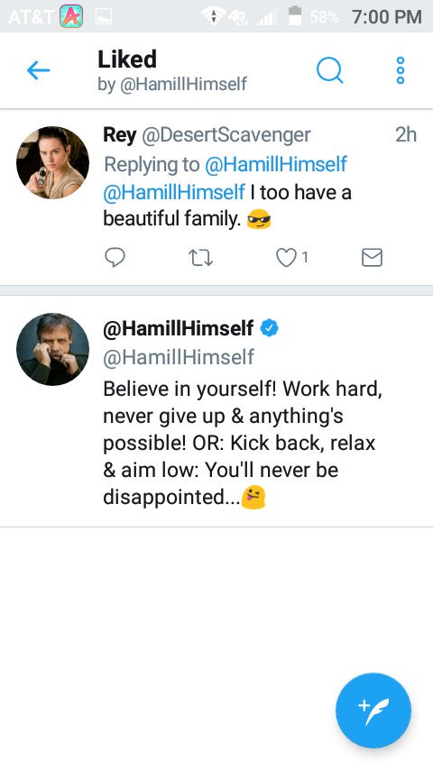 SlushySlurper's tweet photo. You know you're special when Luke Skywalker himself likes your tweet on your Rey account. #Padawan https://t.co/82GXawM1T8