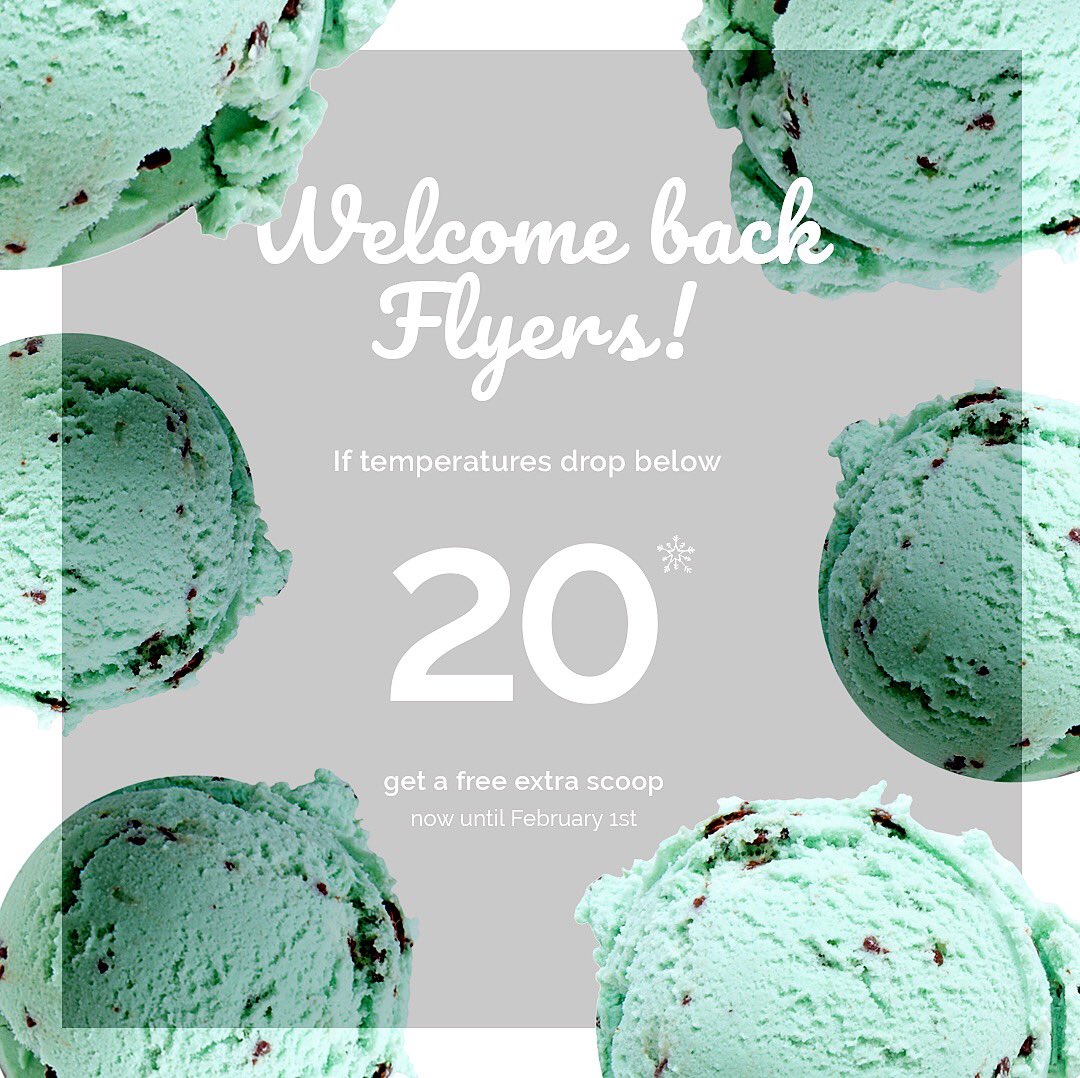 GalleyIceCream's tweet photo. Welcome back Flyers! The Galley is open and already serving your favorite treats. Keep cool until February 1st with a free extra scoop with your ice cream purchase, any day the temperature gets below 20 starting tomorrow! ❄️ https://t.co/bVuto41PgW