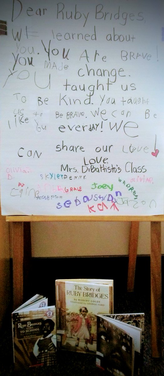 nconsaul's tweet photo. Today we learned about a little girl named Ruby Bridges. She was the first African American child to attend an all white school. She was only in first grade when she was asked to stand up for change!!  We wrote to her to let he know she taught us to be brave! We can make change! https://t.co/5zKtPgjbak