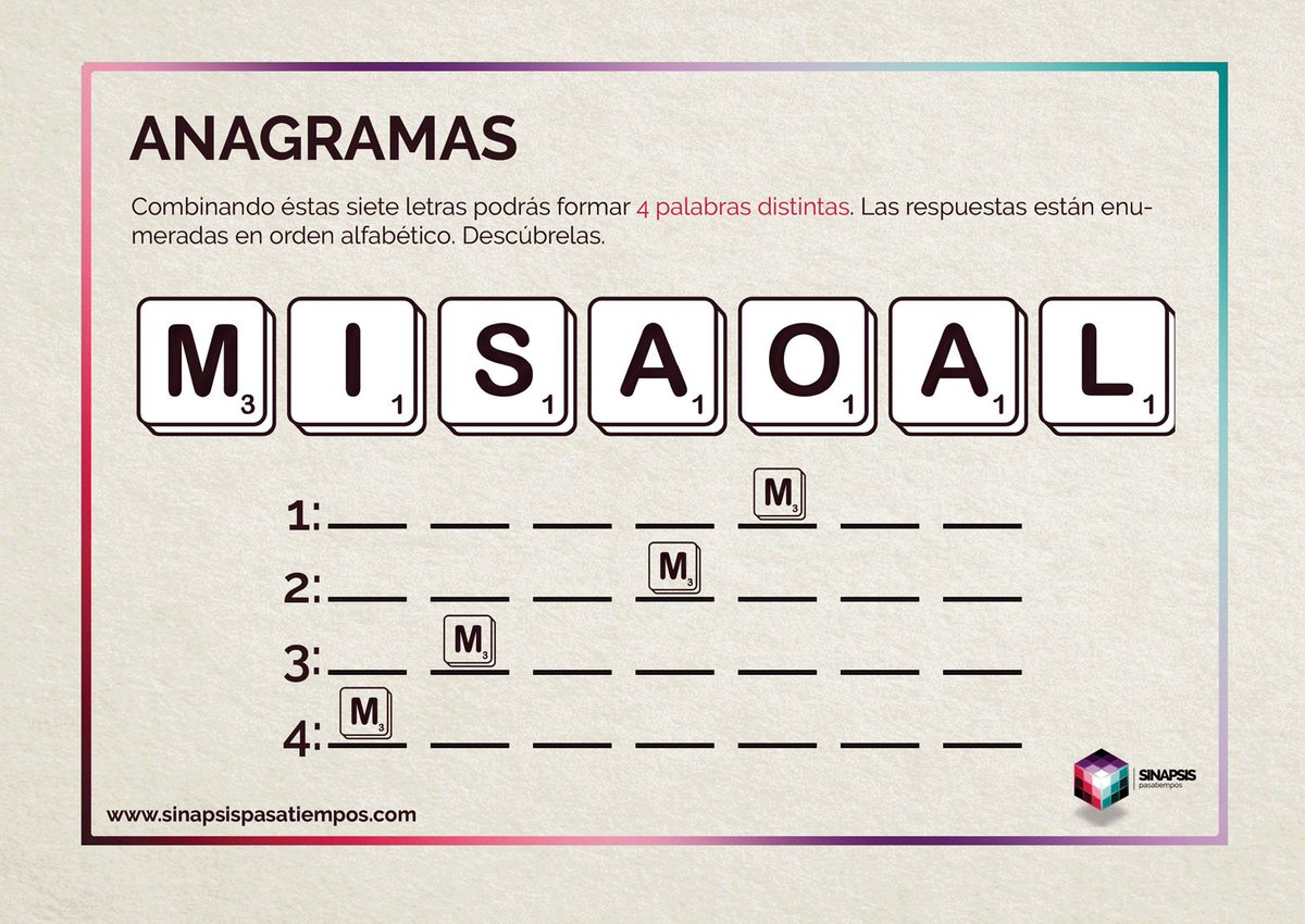 PuzTrip's tweet photo. Descubre 4 palabras combinando las letras. #Anagramas #Pasatiempos #Entretenimiento

¡Más en https://t.co/ew2sXw3z0o! https://t.co/uMxDWJ9yMs