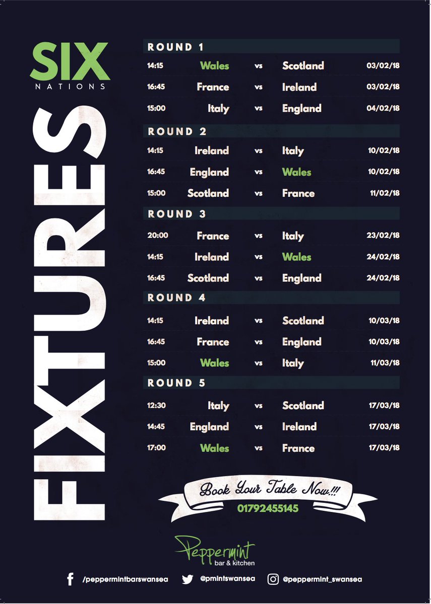 pmintswansea's tweet photo. Make sure you don't miss a game! 

Book your table in Peppermint for all the live action for the Six Nations 2018! https://t.co/zhQAXU10A3