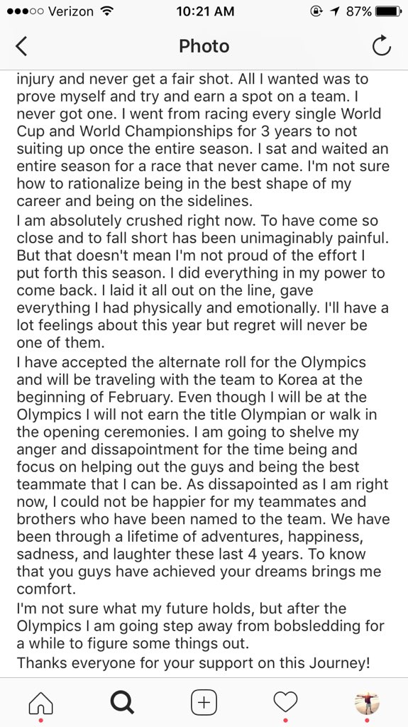 LiamNee's tweet photo. Fmr @MaineTF teammate @reedjamesk pens gut-wrenching statement on falling short of Olympic dream in the bobsled. Ex of why Games are undoubtedly the most unforgiving event on earth— 4+yrs of blood,sweat&amp;tears only to have an injury strip away your finale https://t.co/rN2nYH7BhM https://t.co/KxgOL8g7my
