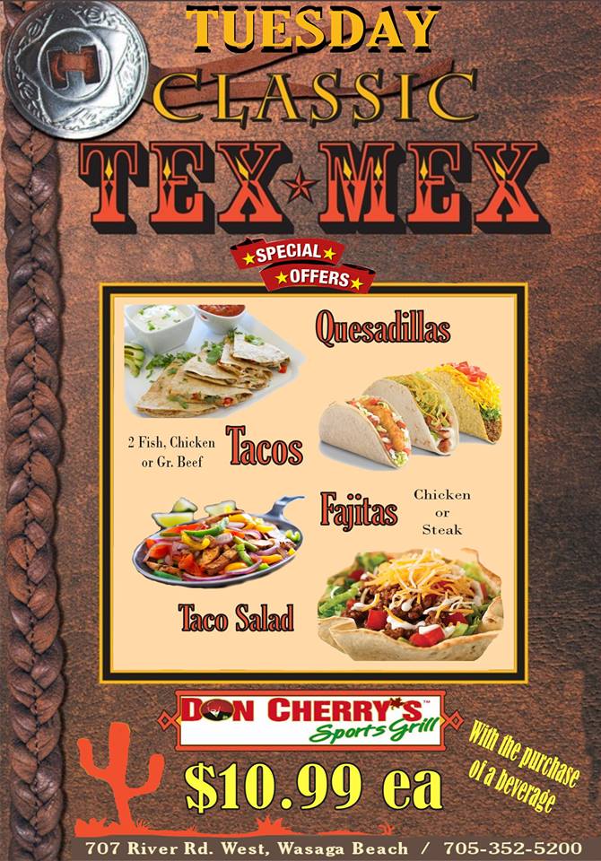 SocialmaxEd's tweet image. Tex Mex today at Don Cherry's. Several great options and the price is right.  Go Leafs Go! tonight against St Louis Blues.