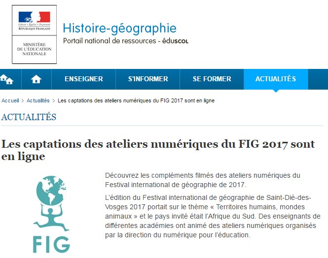histgeo_edu_num's tweet photo. [Actu Portail #HG] Les vidéos des ateliers numériques du #FIG2017 sont en ligne#géographie #EcoleNumerique https://t.co/RVCypTDG1i https://t.co/IuqY2HO66e
