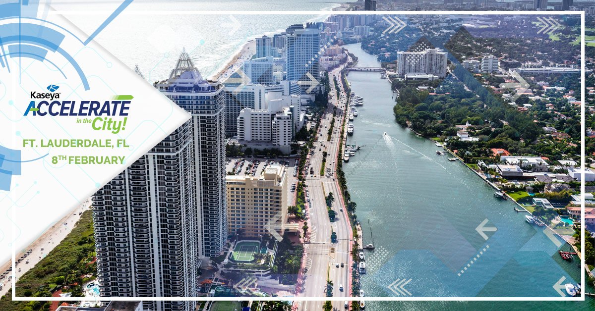 KaseyaCorp's tweet photo. Fort Lauderdale! Join us on February 8th for our #AccelerateInTheCity roadshow! Learn from business and technical sessions, meet the Executive team, and connect with other local Kasey users. Sign up today: https://t.co/gfMgADeD5N #AccelerateFtLauderdale #FortLauderdale #MSP #IT https://t.co/WIE6CZ4VrB